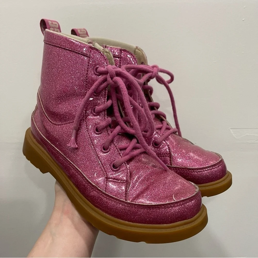 Ugg Robley Kids Pink Glitter Lace-Up Boots Size 4